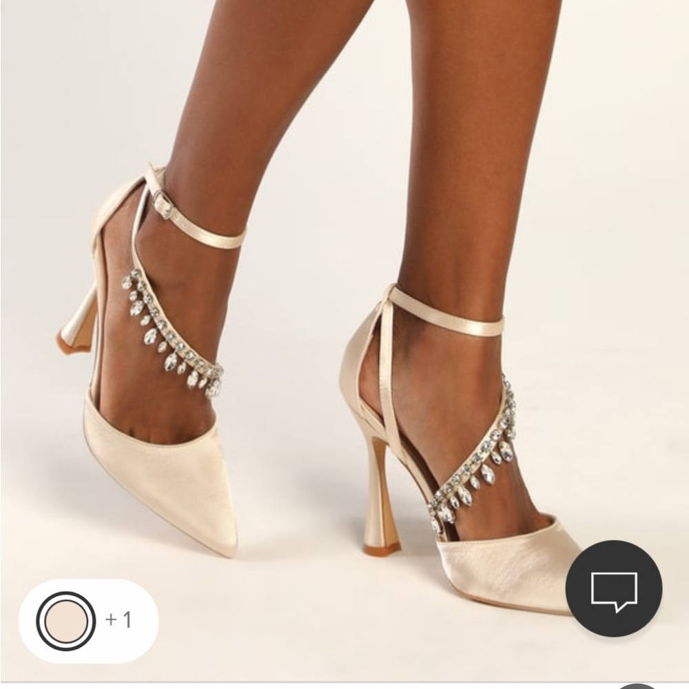 Ivory Satin Rhinestone Pointed-Toe Ankle Strap Pumps size 7 - lulus